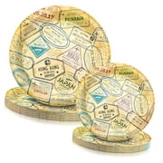 Myst Design 50 Piece Travel-Themed Paper Plate Set, Featuring 9'' and 7'' Plates for Airplane Adventure, Dinner, Dessert, Perfect for Travel-Themed Retirement and Birthday Party Decorations.