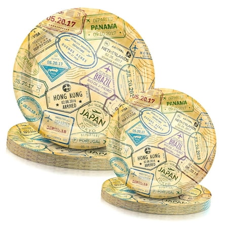 Myst Design 50 Piece Travel-Themed Paper Plate Set, Featuring 9'' and 7'' Plates for Airplane Adventure, Dinner, Dessert, Perfect for Travel-Themed Retirement and Birthday Party Decorations.