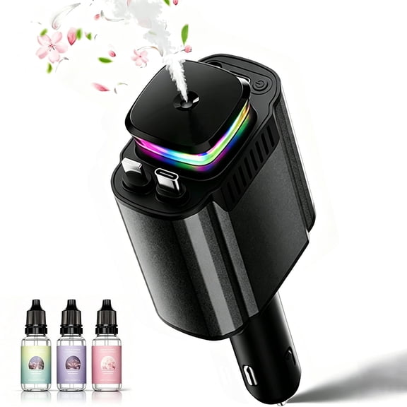 5 in 1 Car Charger Retractable, 120W Fast Charging USB-C Car Adapter with Dual Retractable Cables, Aroma Diffuser & Ambient Light for iPhone 16/15/14 and Android
