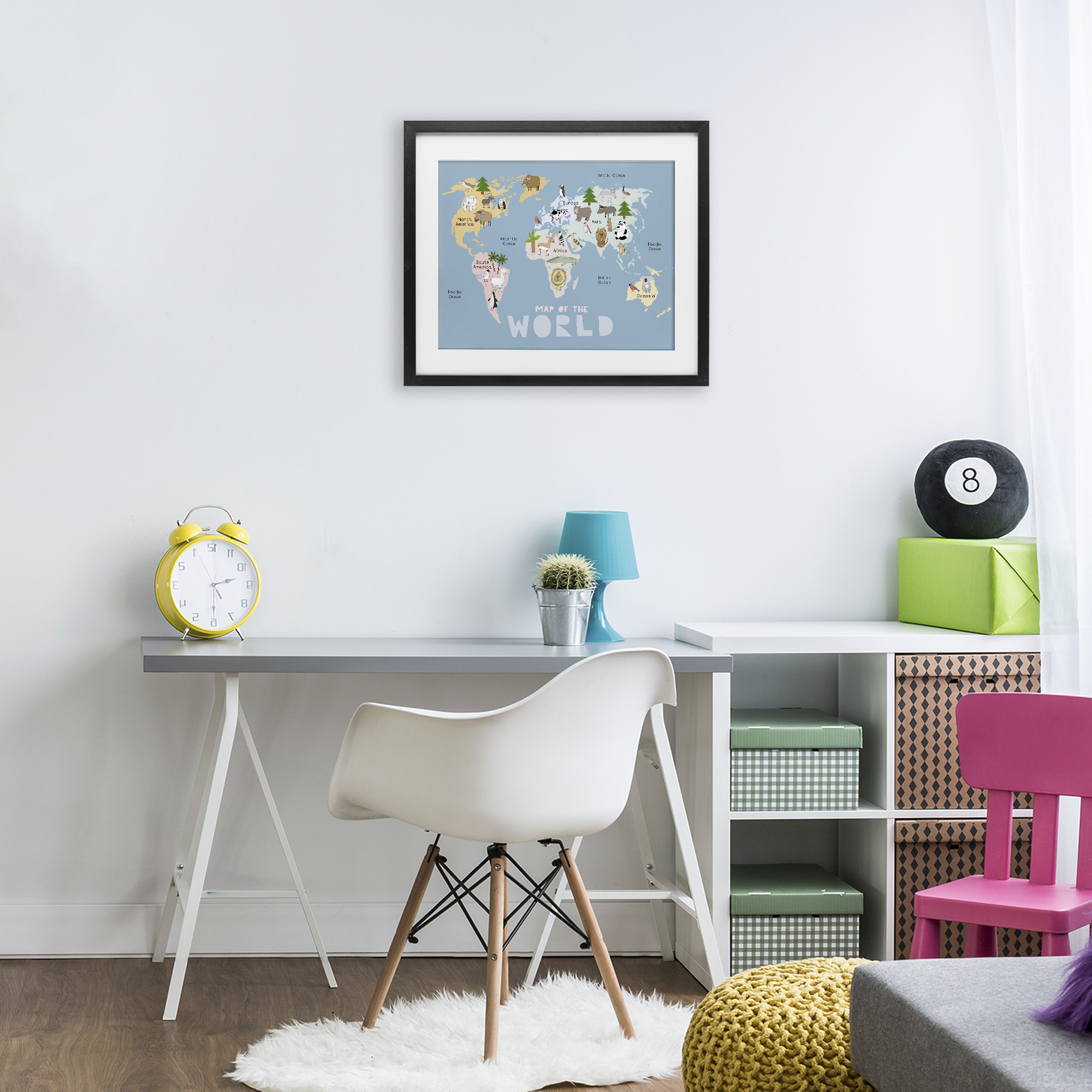Kid's Map Of World Blue Black Framed Print Under Glass, design by Carla Daly