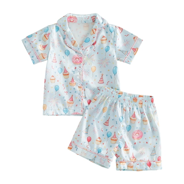 Ketyyh-chn99 Silk Satin Pajamas Set Button-Down PJs Two-Piece Lounge Sets Childrens Comfortable Breathable Short Sleeved Clothes Cute Cartoon Pattern Pajama Set Size for 2-3 Years,Blue