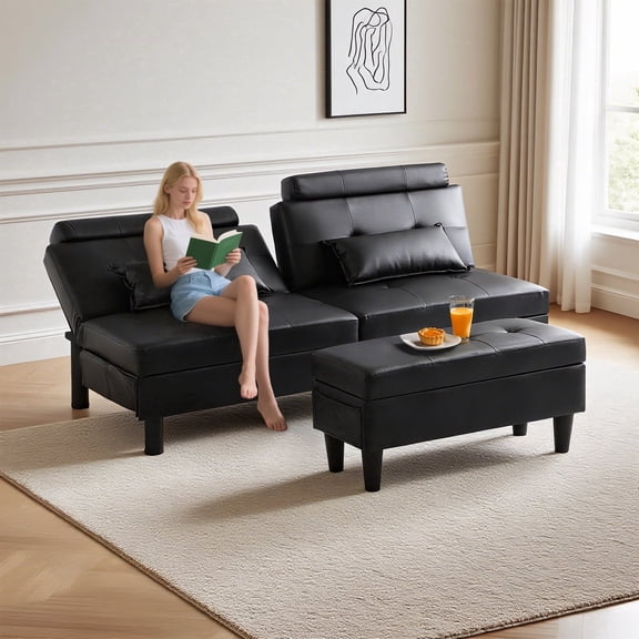 IPKIG 3-in-1 Convertible Futon Sofa Bed w/ Storage Ottoman, 3-Position Adjustable Sleeper Couch in Tufted PU Leather for Small Spaces, Apartment, Dorm