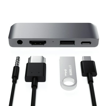 Satechi - Type-C Mobile Hub with USB-C PD Charging, 4K HDMI, USB 3.0 & Headphone Jack - 2020/2018 iPad Pro, Microsoft Surface Go - Space Gray
