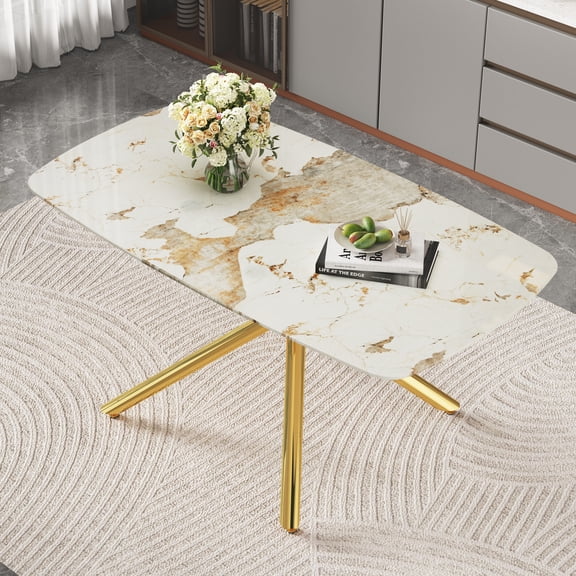 Oufan 63" Rectangular Dining Table, Wooden Dining Table with IMarble-Patterned Tempered Glass Top & Metal Legs, Modern Luxurious Kitchen Table for Dining Room