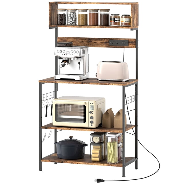 Rustic Brown Baker's Rack with Power Outlet & USB - Kitchen Microwave Shelf, 60.2" Tall Storage Unit for Living Room & Dining Area