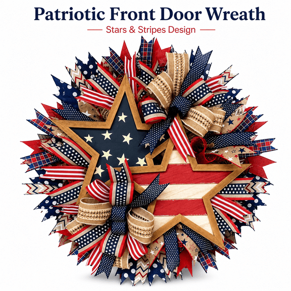 Patriotic Wreath for Front Door, 4th of July Red White Blue Wreath with Wood Star and Burlap Bow, Stars and Stripes Independence Day Memorial Day Veterans Day Door Decor