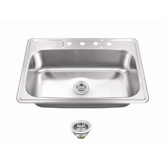 Kitchen Sink Stainless Steel Drop In Top Mount 33" x 22" Single Bowl with Strainer, 4 hole