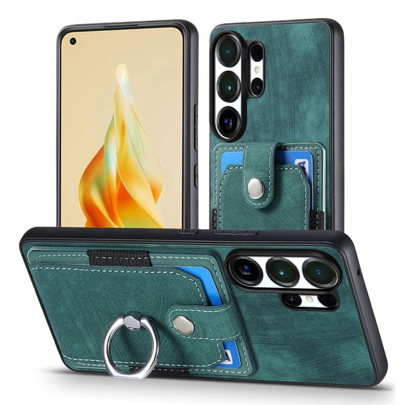 Mantto for Samsung Galaxy S25 Ultra Back Wallet Case,with Elastic Card Holder,Shockproof PU Leather 360° Rotation Ring Kickstand Support Magnetic Car Mount Phone Case for Women Men,Green