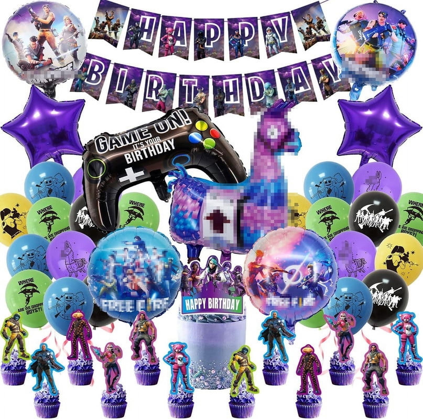 Decoración Cumpleaños Fortnite - 100 Piezas, Globos, Mantel, Plato, Pancarta, Para Fiestas
