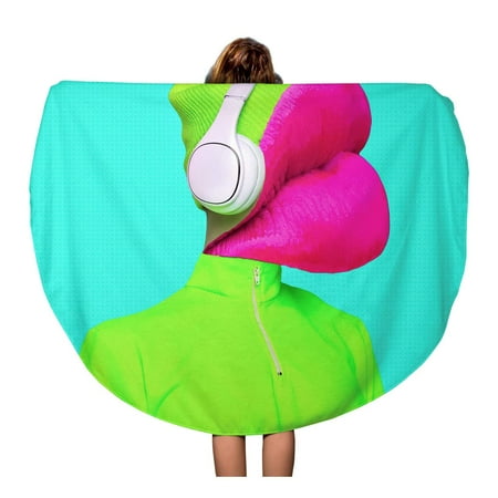 Minimal House Dj KDAGR 60 inch Round Beach Towel Blanket Pink Abstract Contemporary Collage Lips Dj Music Minimal Swag Travel Circle Circular Towels Mat Tapestry Beach Throw ()