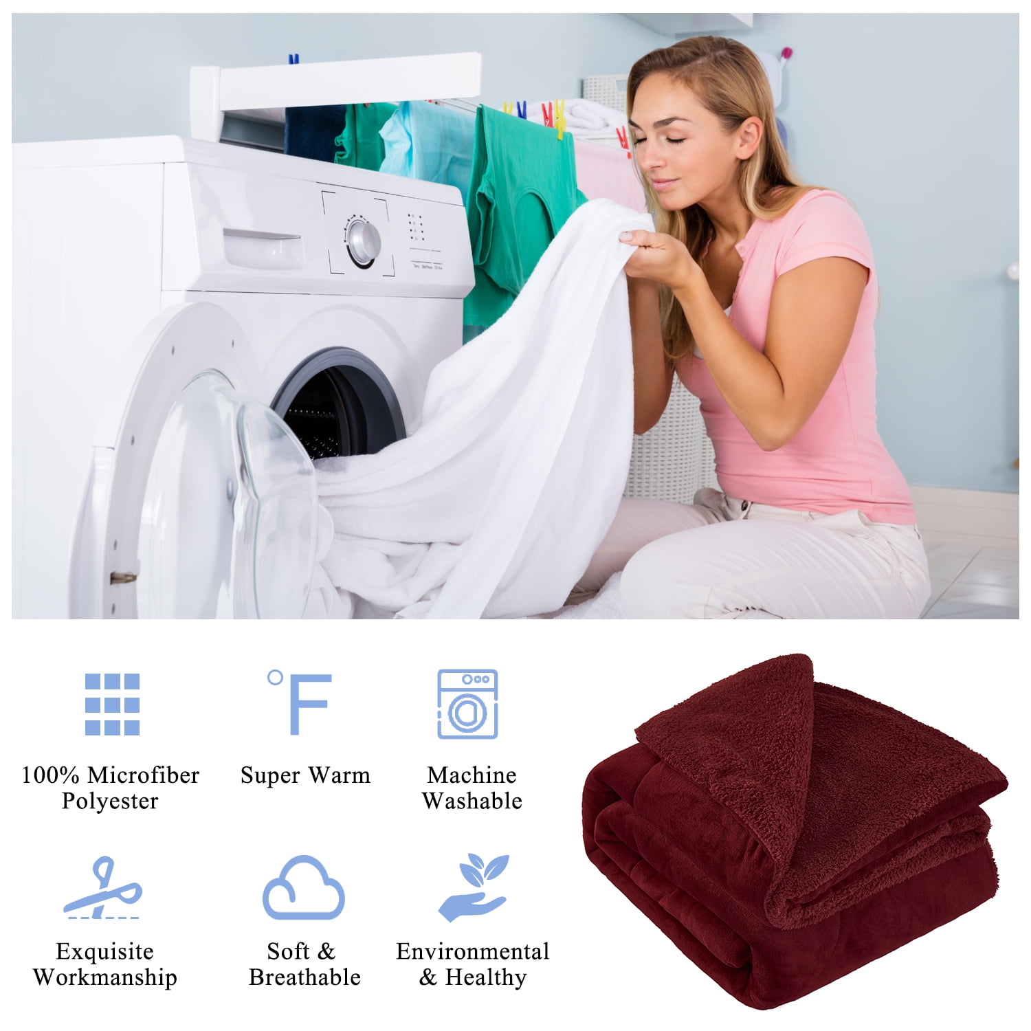 JML Sherpa Fleece Bed Blankets, Burgundy Thick Warm Borrego Queen Blanket for Bed, 75"x83"