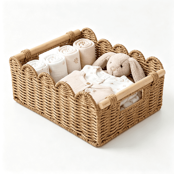 XIBUFE Large Scalloped Basket,Woven Storage with Wood Handles|Nursery Decor,Bathroom &Amp; Closet Organizer,Diaper Caddy,Baby Shower &Amp; Housewarming Gift,Boho Farmhouse Style