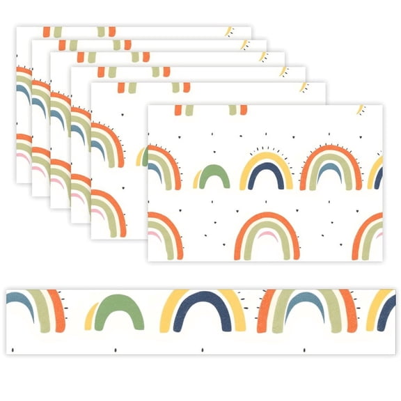 7 Piece Linen Table Runner and Placemats Set, Cute Rainbow Seamless Round Corner Heat Resistant Washable Table Mats for Home Kitchen Dining Party Decoration