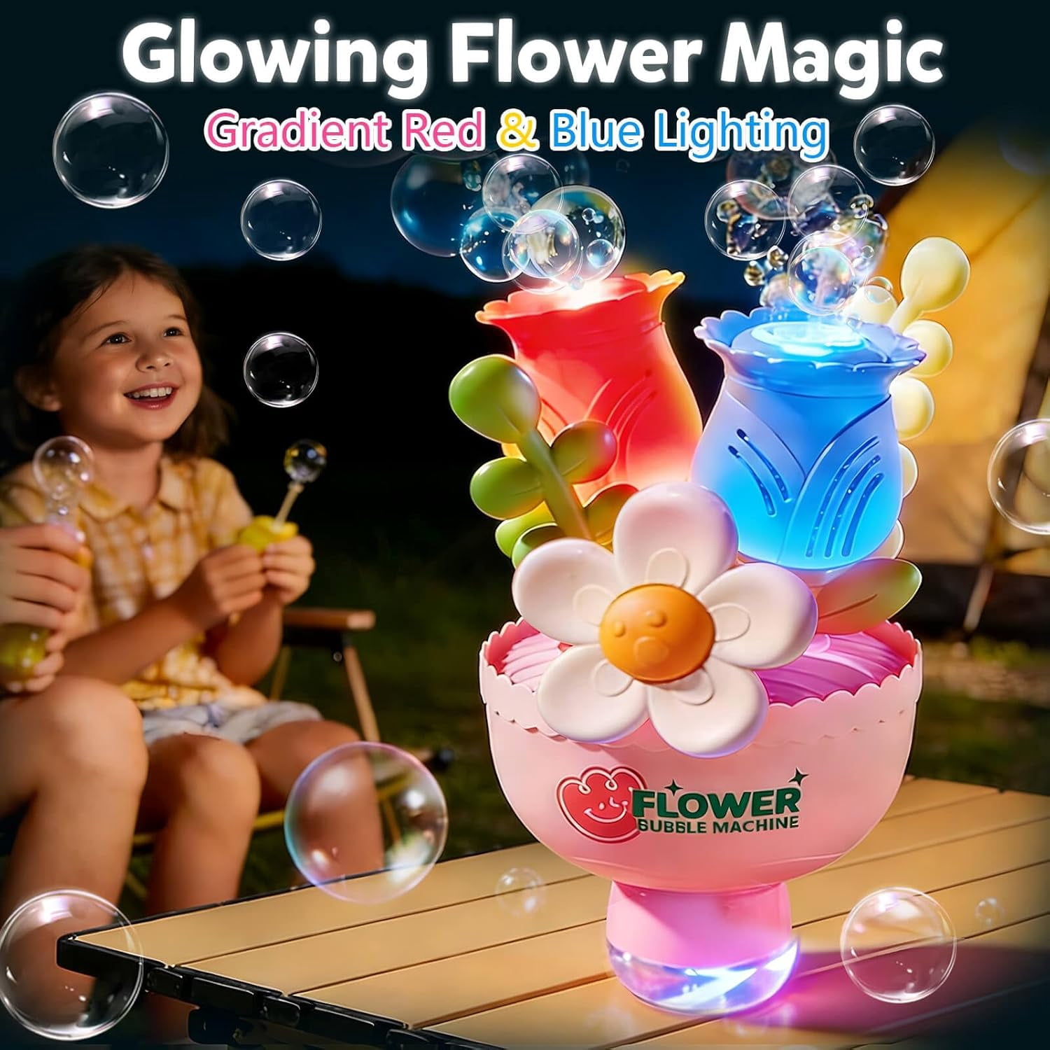 Flower Bubble Machine, Automatic Bubbles with RGB Lights, Rechargeable Outdoor Bubble Blower for Party Wedding Birthday, Portable Summer Fun