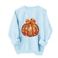 thumbnail image 2 of Fall Sweatshirts for Women Pumpkin Print Halloween/Thanksgiving Holiday Tops Crewneck Long Sleeve Pullover (M, Sky Blue|Pumpkin), 2 of 6