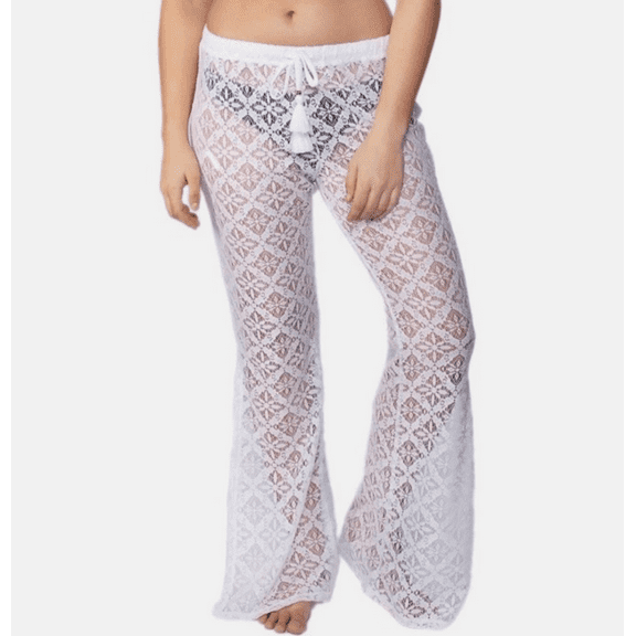 Miken Sheer Crochet Swim Cover-Up Flare Side Slit Pants White Bohemian XXL