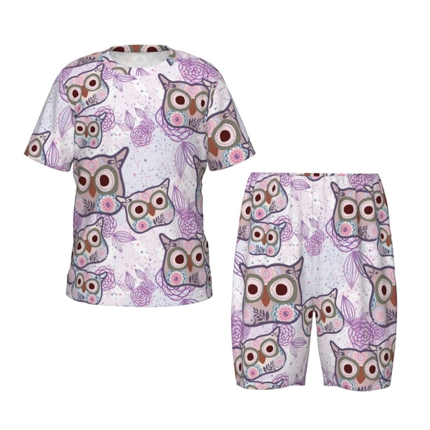 Balery Owl And Floral Conjunto de Pijama Infantil de Manga Corta con Estampado – Ropa de Dormir de Algodón Suave-X-Large