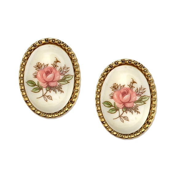 1928 Jewelry Ivory Color With Floral Decal Oval Button Earrings