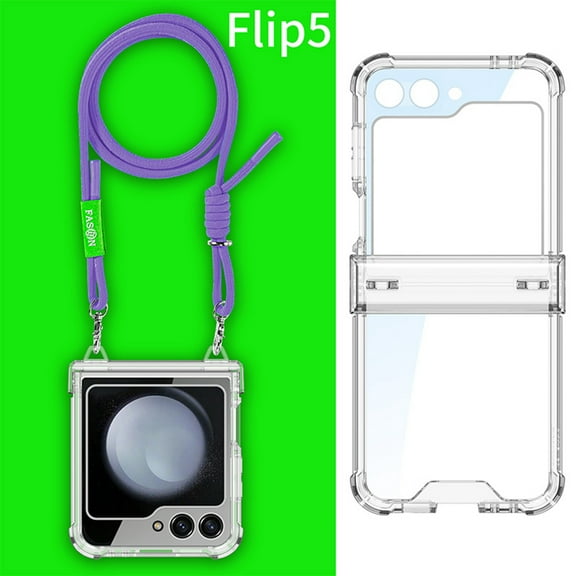 Dteck for Samsung Galaxy Z Flip 5 Case with Hinge Protection, Lightweight Non-Yellowing Transparent Clear Phone Cover with Crossbody Nylon Lanyard for Samsung Z Flip 5,Clear Case Purple Strap