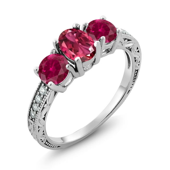 Gem Stone King 2.97 Ct Oval Pink Tourmaline Red Created Ruby 925 Sterling Silver Moissanite Ring (Size 7)