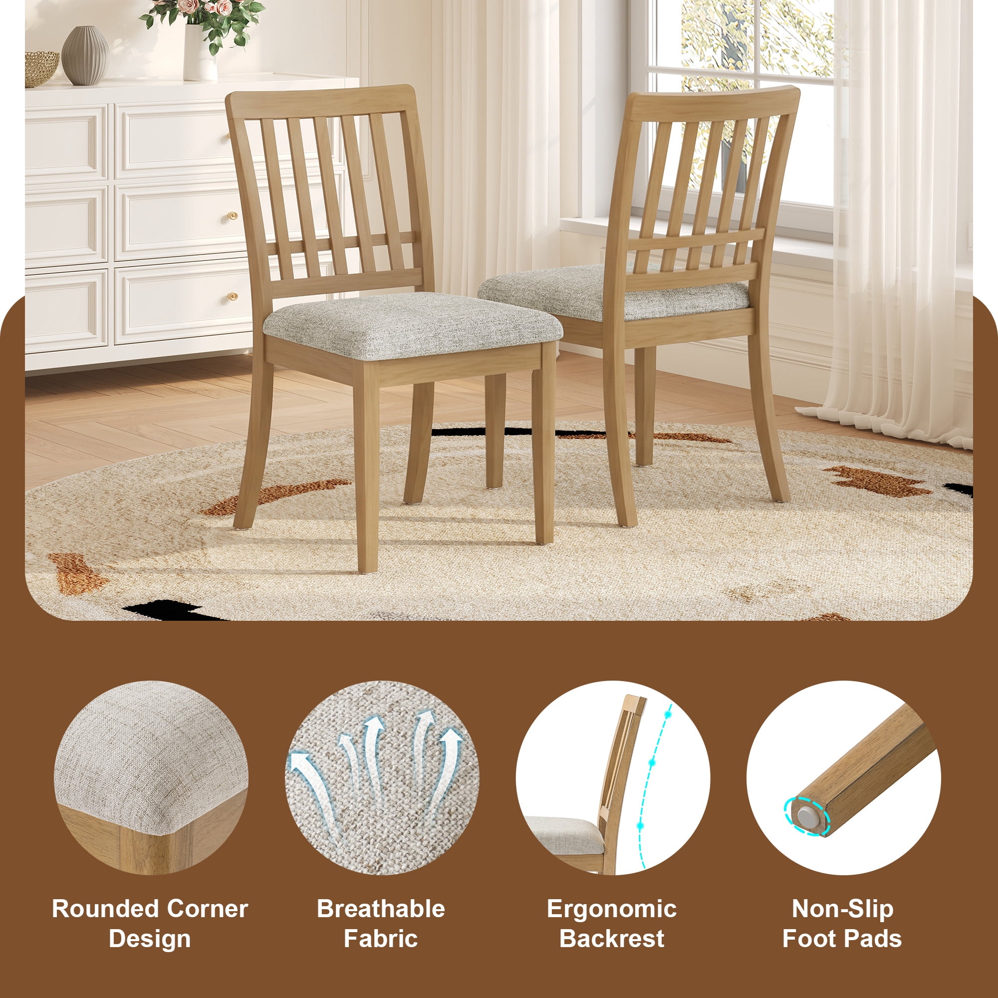 Dining Chair Set of 2, Curved Wood Backrest with Gray Fabric Seat for Dining Room Apartment, Natural