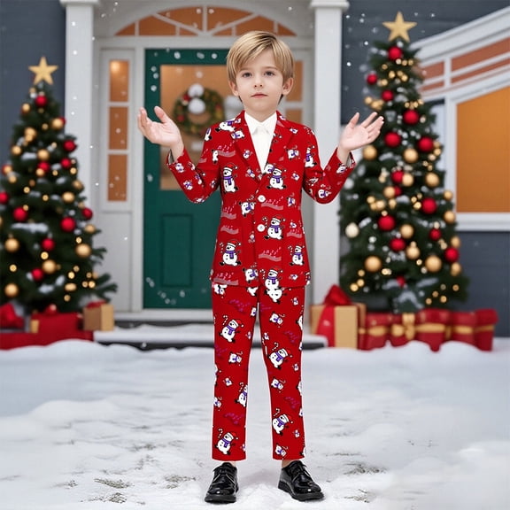 YuanLu Boys Christmas Snowman Printed 2 - Piece Suit Set, Formal Outfit for Boys, Holiday Party Wear