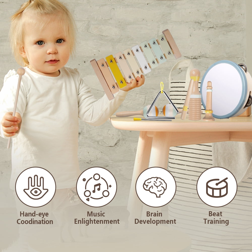 iFLOVE Baby Musical Instruments Set for Toddlers, Montessori Wooden Toys with Xylophone, Tambourine, Maracas, Neutral Color Music Toys for Kids 1-3