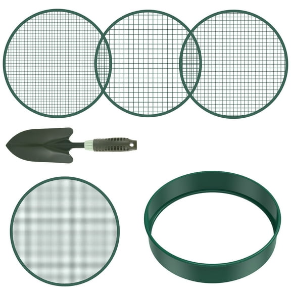 Soil Sifter 11.8inch Metal Garden Sieve with 4 Interchangeable Filter Mesh Sizes 3/6/9/12mm Multifunctional Dirt Sifter Portable Reusable Soil Sieve Gardening Tools with Shovel for Sand Rocks