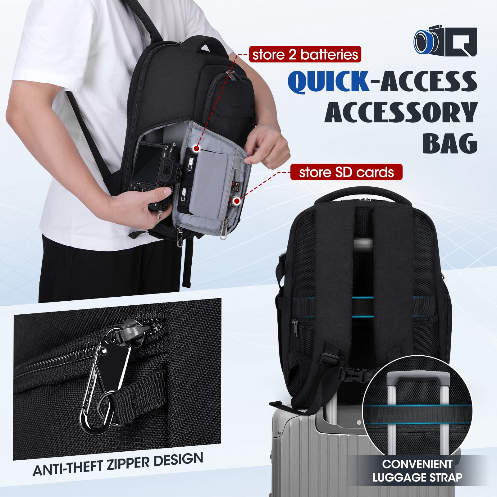 RAINSMORE Camera Backpack Camera Bag for Photographers DSLR SLR Mirrorless Camera Cases with Waterproof Rain Cover & Laptop Compartment Fits 15.6 Inch Laptop Travel photography backpack,Black