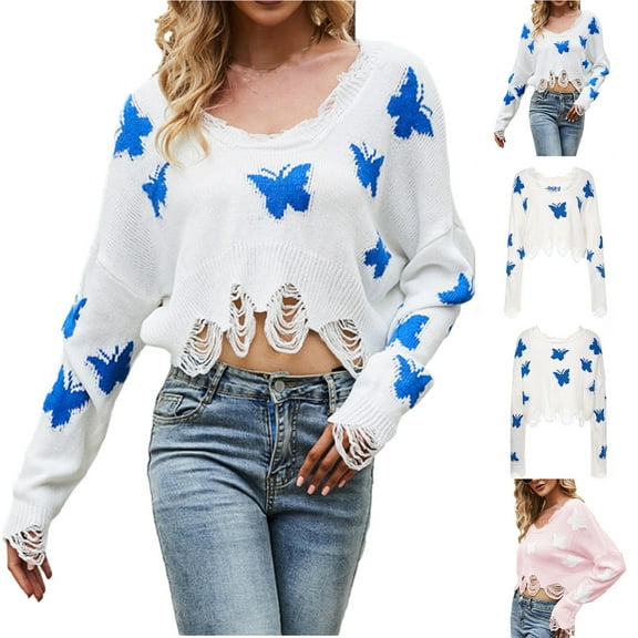 Lovskoo 2024 Butterfly Cropped Sweater for Women Fall Winter 2023 Long Sleeve Crew Neck Ripped Pullover Tops Pink