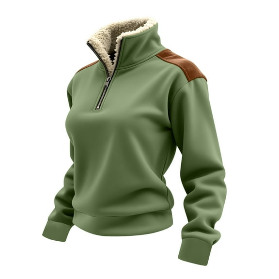 ZQGJB Fashion Womens Sweatshirts Lightweight Casual Fall Winter Thick Warm Long Sleeve Half Zip up Sherpa Fleece Stand Collar Pullover Tops Trendy Cozy Outwear Jackets Green XL