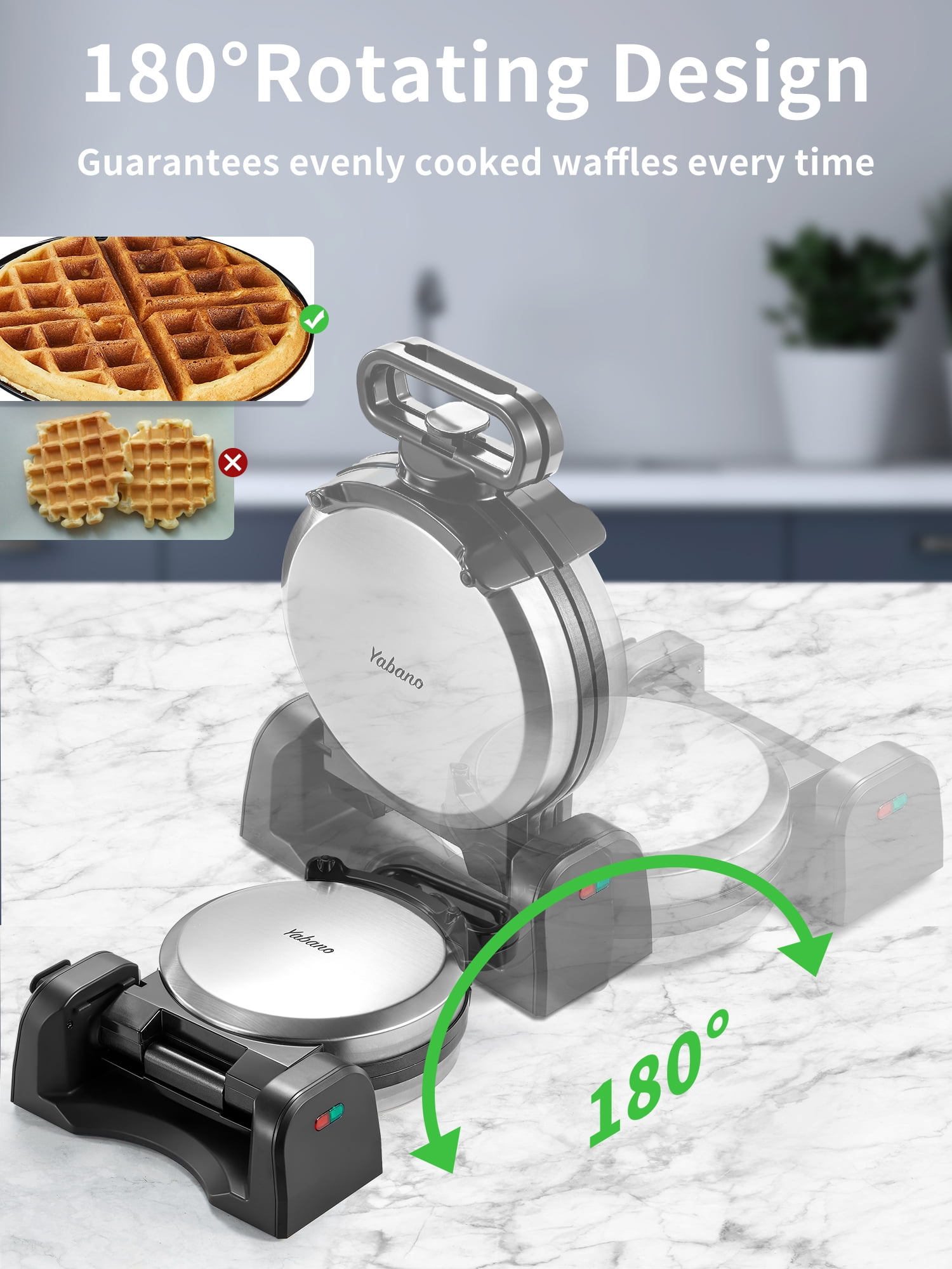 Waffle Maker, Yabano Stainless Steel Flip Belgian Waffle Iron with Non-Stick Surfaces, Save Space Design, 1080W