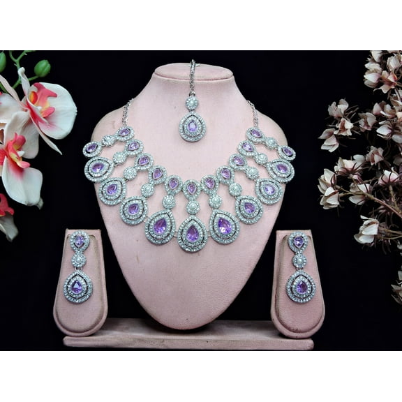 Parshwa Creations LIGHT PURPLE Exquisite Indian Bollywood Wedding Silver Plated Kundan Jewelry Choker Necklace Set