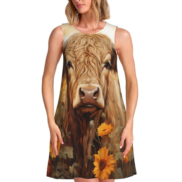 Balery Vintage Sunflower Cow Vestidos de verano para mujer con estampado: vestido holgado sin mangas, vestido playero informal y cómodo para días calurosos.