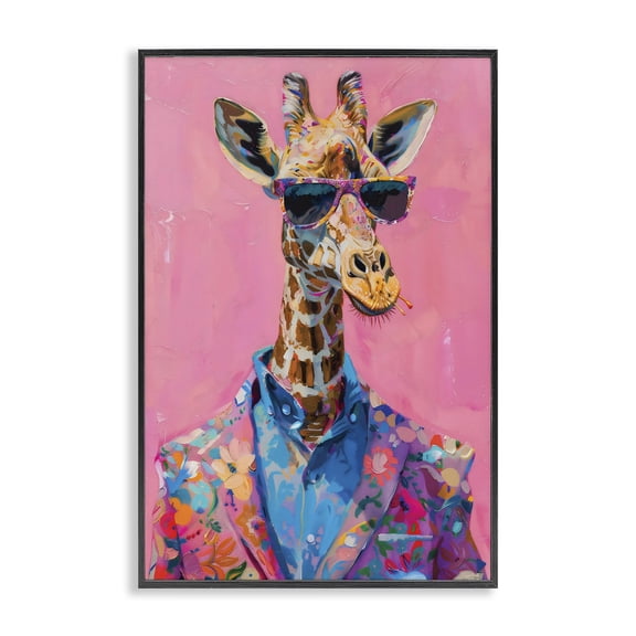 Stupell Industries Contemporary Floral Suit Giraffe over Pink Black Framed Giclee Art, 12 x 18, by LSR Design Studio