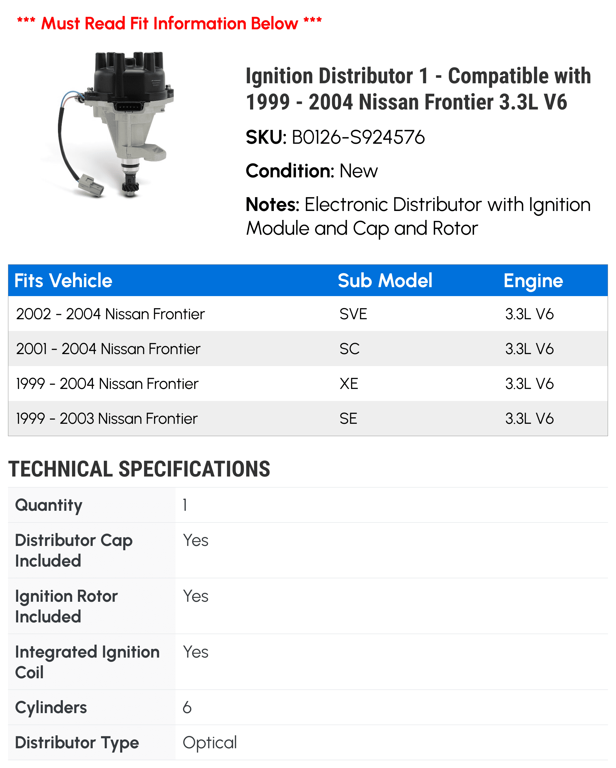 Ignition Distributor 1 - Compatible with 1999 - 2004 Nissan Frontier 3.3L V6 - Autopart Premium