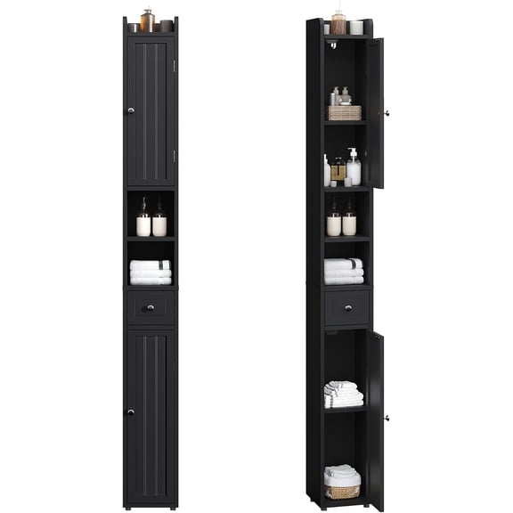 Narrow Bathroom Storage Cabinet with Adjustable Shelves and Drawer | Tall Slim Storage Cabinet, Freestanding Cupboard for Small Spaces, Black