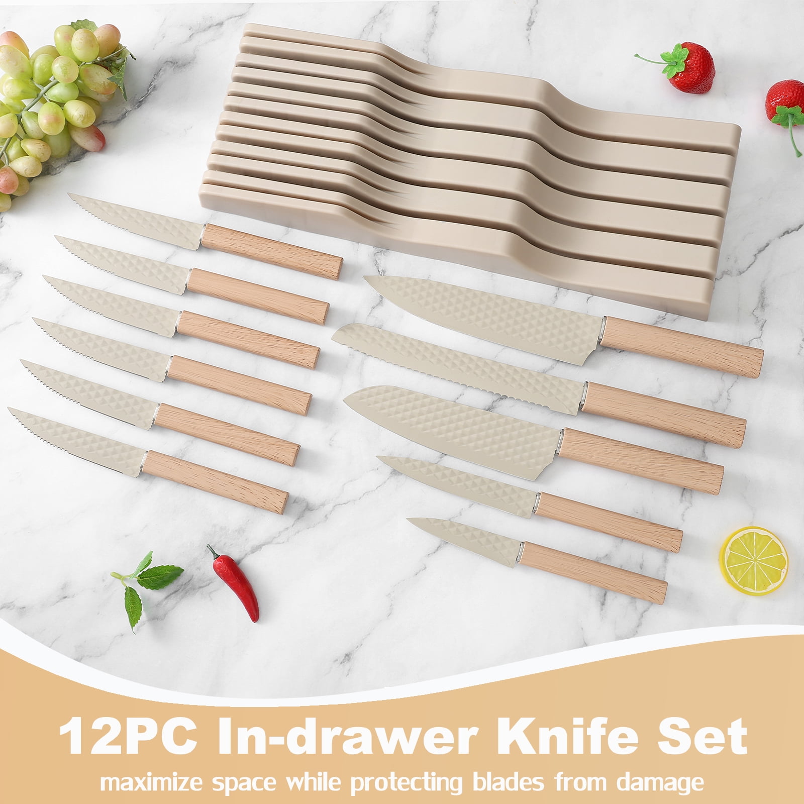 In-Drawer Kitchen Knife Set, 12 Pieces Knife Block Set with In-Drawer Knife Organizer, Sharp & Non-stick Stainless Steel Chef Knife Set, Kitchen Knives Set for Kitchen Home Apartment
