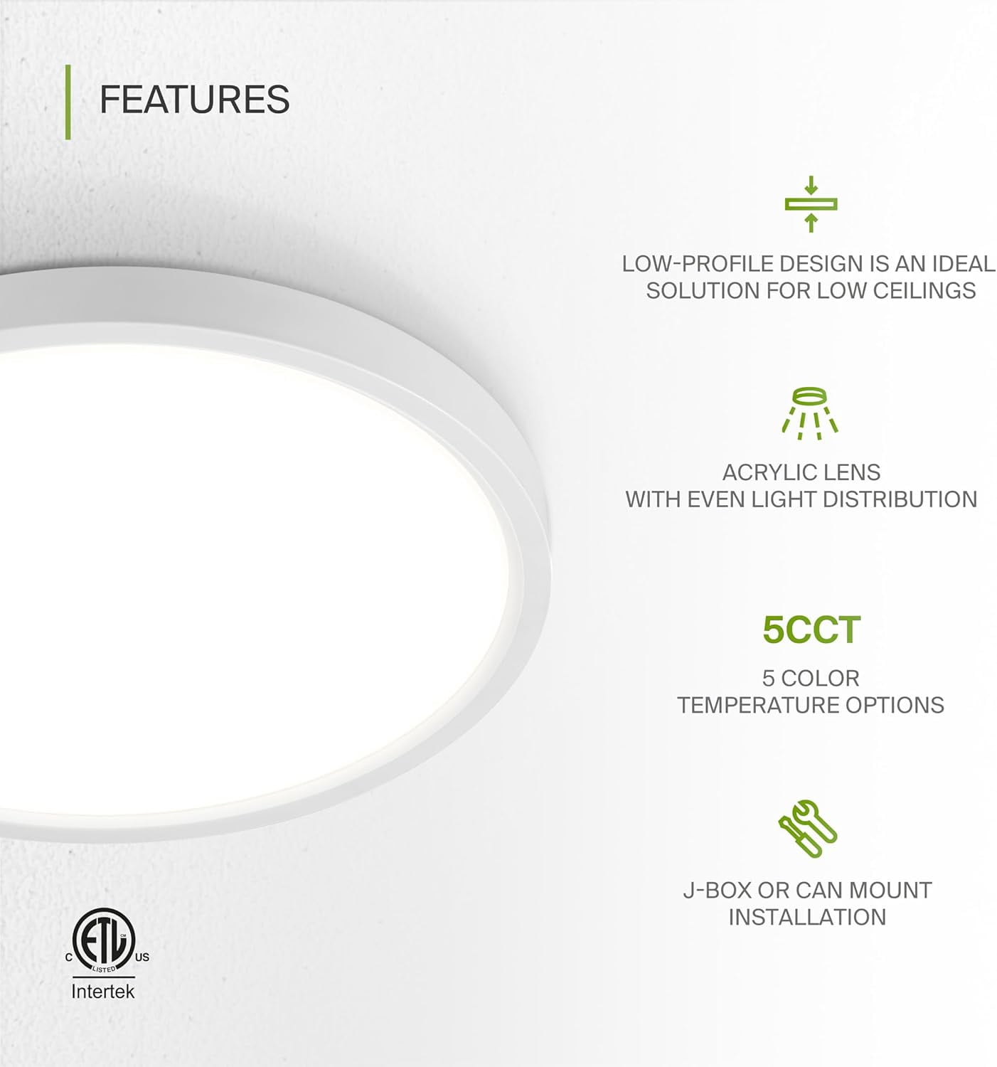 RGHJAR-LED 9" Round Flush Mount Ceiling Light Fixture, Low Profile Surface Lighting | 5CCT, Dimmable, Ultra-Thin, ETL Listed | 18W 1660LM 2700-6000K 120V | Kitchen, Bedroom, Hallway Lamp | White