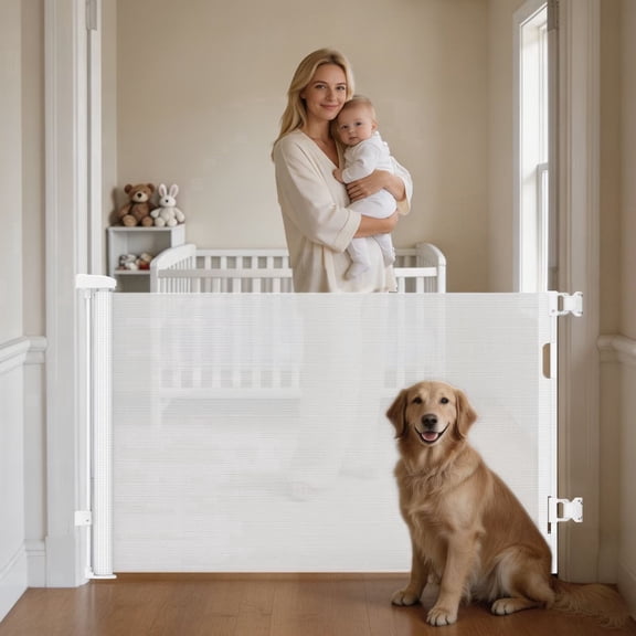 Retractable Gates, Mesh Safety Gate for Stairs & Doorways, Extra Wide Tall Pet Dog Gate, Indoor Outdoor Hardware Mount Safety Barrier, One-Hand Operation (White, 55" W x 35" H)