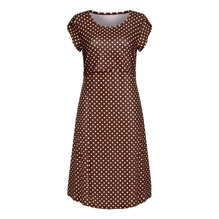 FAVIPT Postpartum Dresses for Women Polka Dot Short Sleeve Crew Neck Maternity Dress Loose Flowy Breastfeeding Dress Brown,M