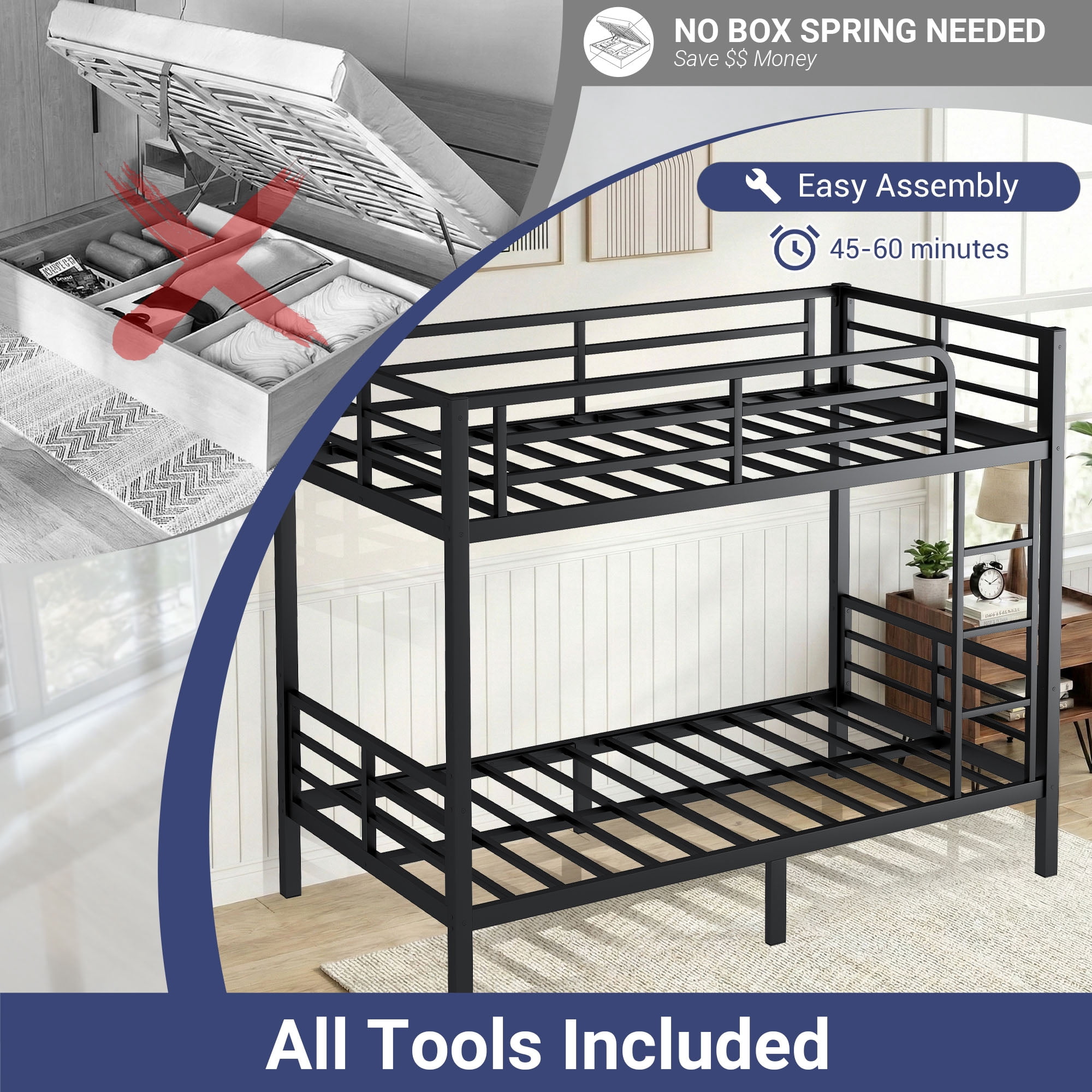 Miniyam Twin over Twin Metal Bunk Bed with Underbed Storage,Black
