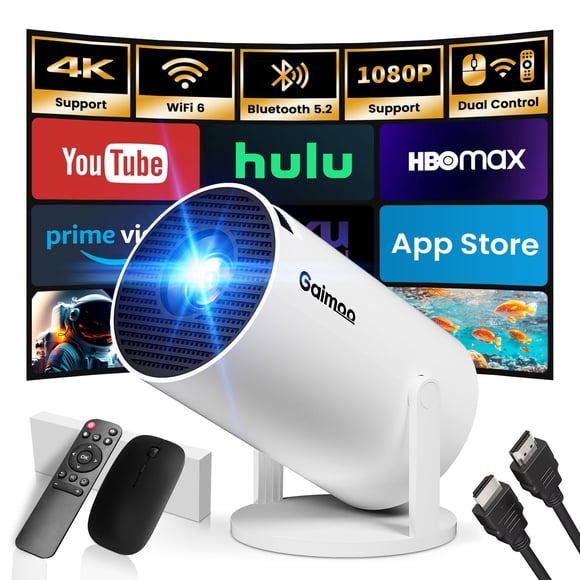 Mini Projector with WiFi and Bluetooth Built-in Apps Smart Projector Support 4K 1080P FHD 180° Adjustable Auto Keystone Compatibile with HDMI/TV