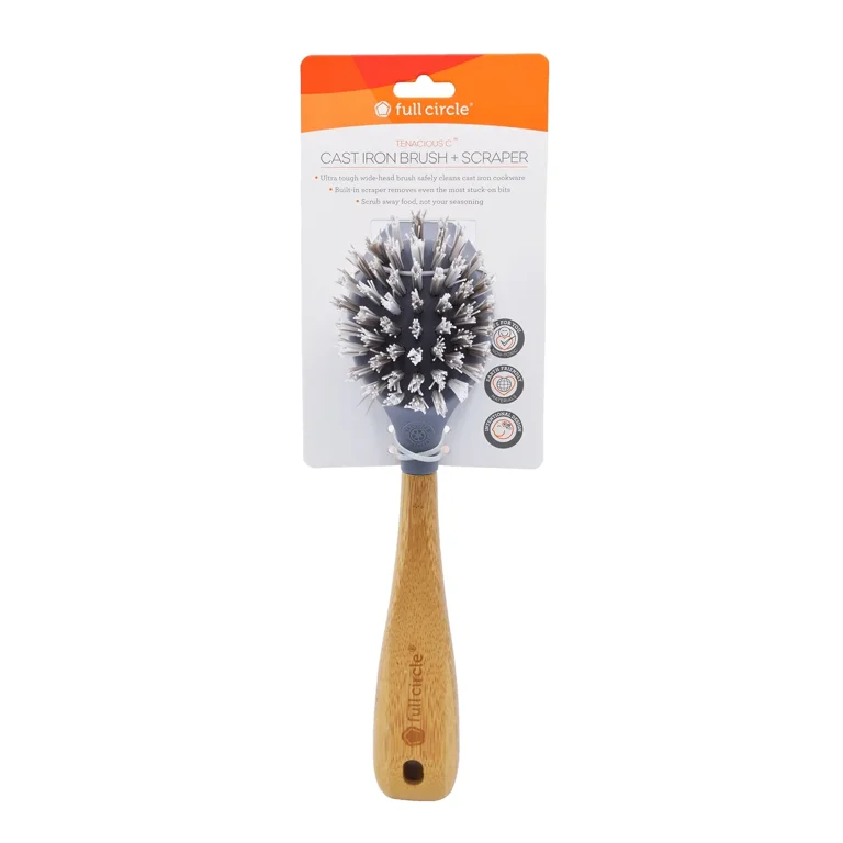 Full Circle Tenacious C Cast Iron Brush and Scraper with with Bamboo Handle  Gray 