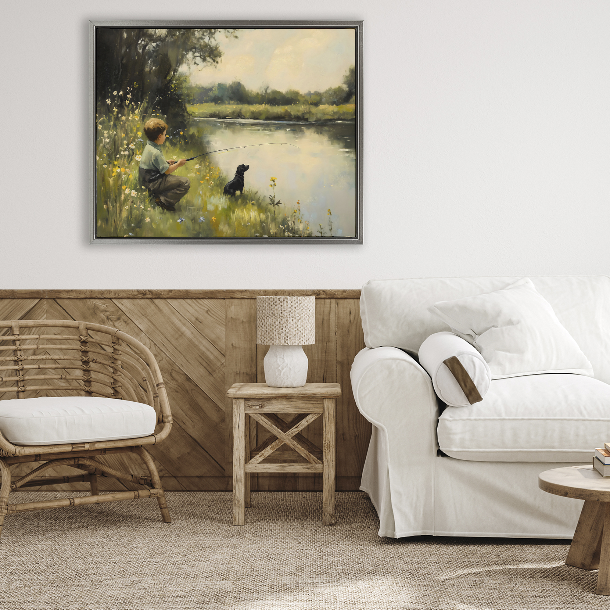 Boy & Puppy Fishing Gray Framed Floater Canvas Wall Art, design by Arlington Prints