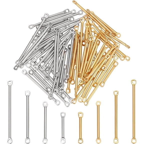 80Pcs Stainless Steel Bar Links Connector Charms 4 Sizes 2 Colors Earring Connectors 2-Hole Stick Strip Beads Jewelry Connectors Links Jewelry Crafts