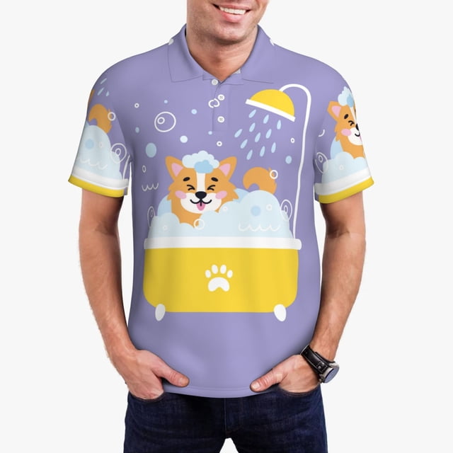 Balery Corgi Washing in Bathtub Camisa Polo de Hombre con Estampado, de Manga Corta y Tejido Medio, Camisa Tipo Golf Polo-Small