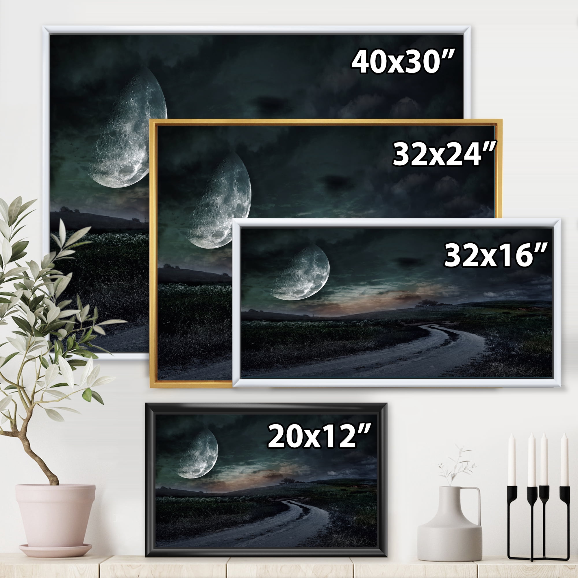 Designart 'The Meadow Under Full Moon With Rural Road Through ' Nautical & Coastal Framed Canvas Wall Art Print