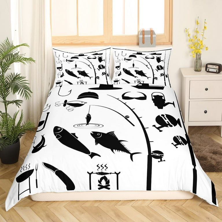 Fish Duvet Cover Picnic Camping Bedding Set for Man Teens Boys  Adult,Fishing Gear Comforter Cover Fishhooks Twin Bed Set,Black and White  Fishing Pole