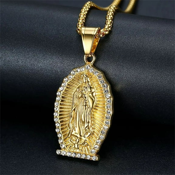 Hip Hop Iced Out Virgin Mary Pendants 14K Yellow Gold Christian Necklace For Women Men Fashion Religious Jewelry Gift